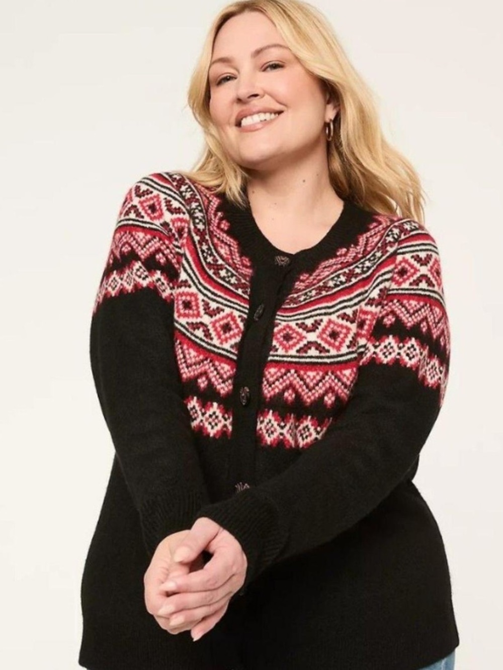 Lane Bryant 22/24 Black Cardigan with Red and White Fair Isle Yoke NWT